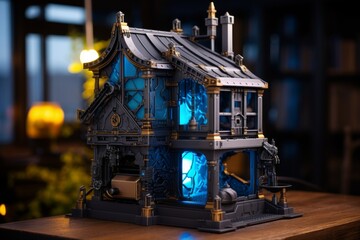 Toy house with blue light inside. layout of a blue house. Model of a house.