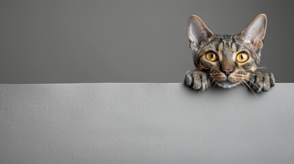 Funny kitten close-up on gray background with empty space for text, pet concept, banner