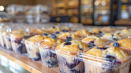 Rows of packaged blueberry muffins in a store. - obrazy, fototapety, plakaty