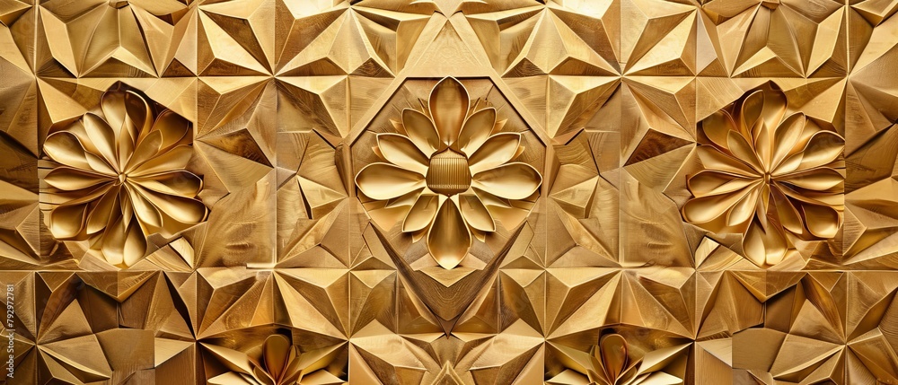 Poster gold background and geometric pattern. a beautiful interpretation of the exquisitely delicate side o