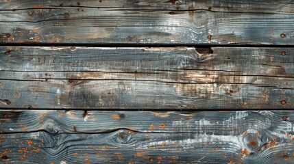 Weathered wooden planks bear the marks of time with distinct grain patterns and rust spots from old nails.