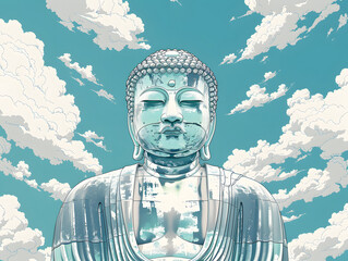 A Buddha statue stands tall against a blue sky with white clouds.