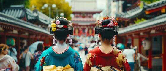 two geishas wearing traditional Japanese kimonos pose among Sensoji Temple. - obrazy, fototapety, plakaty