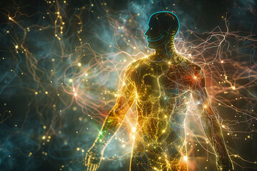 Rendering of a person outlined by illuminated nerve pathways and neural structures, showcasing the complexity of the human nervous system.