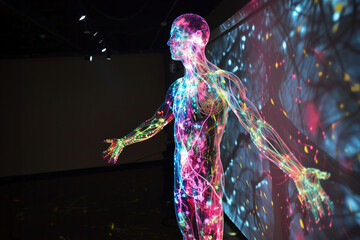 A high-tech visualization projecting vibrant neural networks and electrical signals over a translucent outline of a human body, demonstrating nervous system activity.