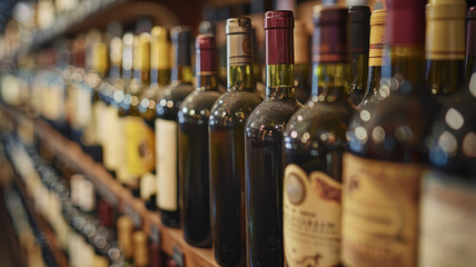 Rows of wine bottles on racks - obrazy, fototapety, plakaty