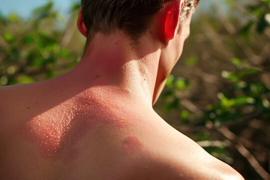 Overlay of a man's back with raised, red welts, demonstrating an allergic reaction to insect stings or bites causing localized swelling.