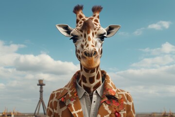 Giraffe wearing a suit against the blue sky with clouds background. Abstract giraffe art.