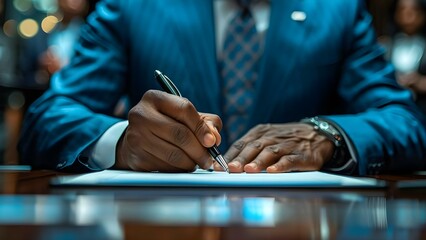 A male politician signing a document at a political summit conference. Concept Political Summit, Document Signing, Male Politician, Official Protocol, Leadership - obrazy, fototapety, plakaty