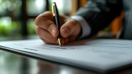 Signing Crucial Business Documents: Negotiating Deals and Contracts on Paper. Concept Business Negotiations, Legal Contracts, Deal Signing, Professional Agreements - obrazy, fototapety, plakaty