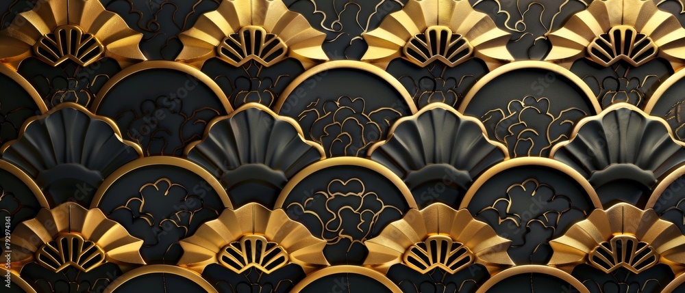 Poster A seamless Japanese pattern modern with a geometric gold background texture. Floral elements are incorporated into the pattern.
