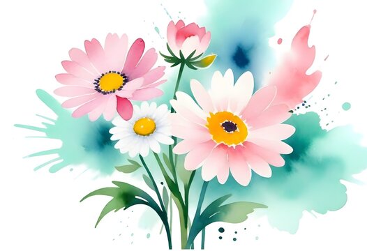 Beautiful watercolor daisies flowers background. Ai artistic illustration 