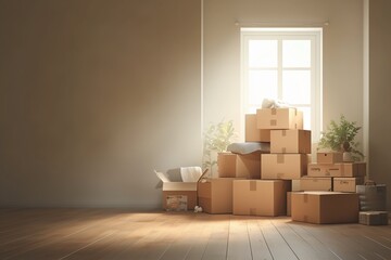 new home owners concept with cardboard boxes arriving into new apartment