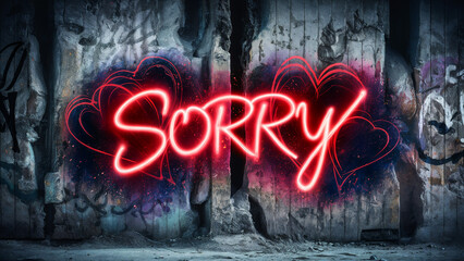 Rough grunge textured urban wall with neon red spray painted graffiti word 'sorry' on its surface, thought provoking emotive concept with copy space for extra text and phrases.