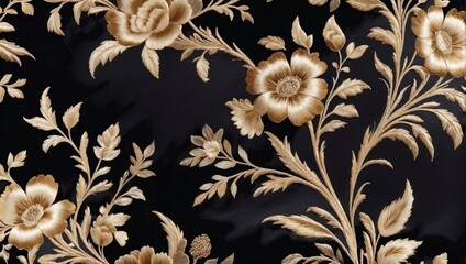 Plush Onyx Elegance, Satin Silk Velvet with Floral Embroidery, Gold Threads, and an Exquisite Abstract Wallpaper Pattern