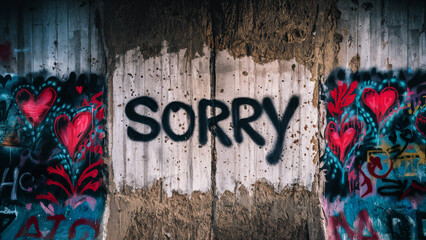 Rough grunge textured urban wall with spray painted graffiti word 'sorry' on its surface, thought provoking emotive concept with copy space for extra text and phrases.