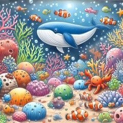 An underwater scene teeming with colorful coral, busy clownfish, and a gentle whale drawing by crayons in childish style