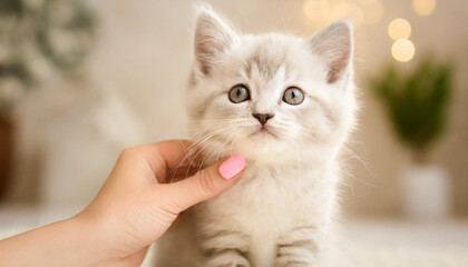 Happy kitten likes being stroked by woman's hand. The British Shorthair. Happy cute gray British short hair kitten likes being stroked by woman's hand on the chin, on modern home background. animals