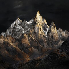 Majestic mountain peaks illuminated by golden light against a dark sky - obrazy, fototapety, plakaty