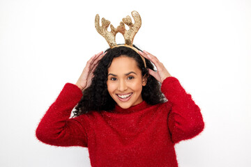 Christmas, reindeer and portrait of woman with fashion on holiday or vacation in white background....