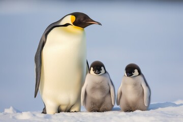 Obraz premium Emperor Penguins standing together on the snowy Antarctic landscape. Parent and baby penguins.