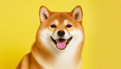 Happy smiling shiba inu dog isolated on yellow orange background with copy space. Red-haired Japanese dog smile portrait