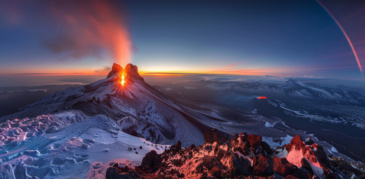 spectaculaire volcan enneig&eacute; en &eacute;ruption au soleil couchant