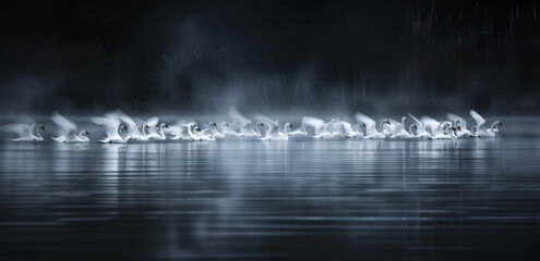 Groupe de cygnes blancs posés sur un lac. Lumière. du matin Arrière-plan noir.