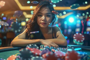 young asian woman sitting at casino table with many poker chips flying around, female gambling and winning, looking confident and attractive, gamble establishment concept