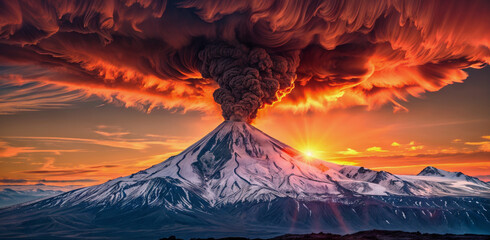 spectaculaire volcan enneigé en éruption au soleil couchant - Powered by Adobe
