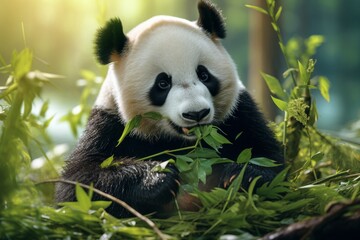 A panda bear is eating some leaves in the grass. Giant panda eating bamboo. panda bear with bamboo