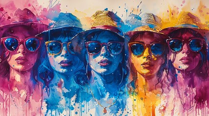 five watercolor portraits of women wearing different colored straw hats and sunglasses