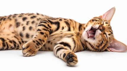 Bengal cat on white background close up, pet care concept, banner, copy space