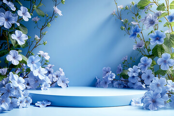 Summer podium with floral border background in blue colors. Empty pedestal for product display with flowers