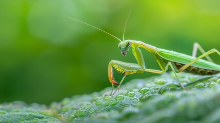 Fototapeta premium A mantis poised stealthily on a leaf, waiting patiently for its next prey