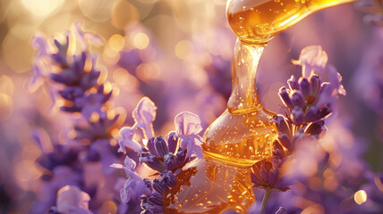 Pouring honey on lavender flowers.