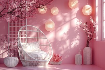 Pink oriental interior with hanging lamps and white wicker chair