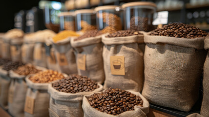 Sacks of coffee beans on display.
