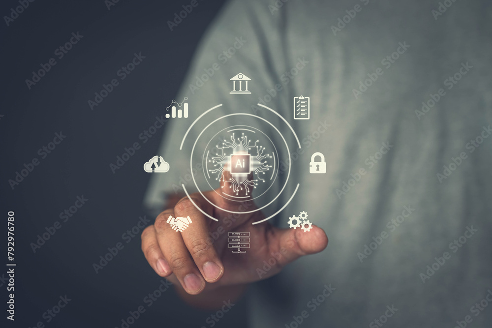 Poster ai technology. businessman concept using ai to help store data and search for information. protectio