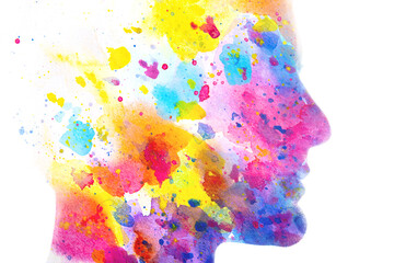A colorful paintography profile silhouette of a man on a white background