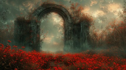Mystical gateway in an ancient ruin surrounded by vibrant red flowers under a moody sky