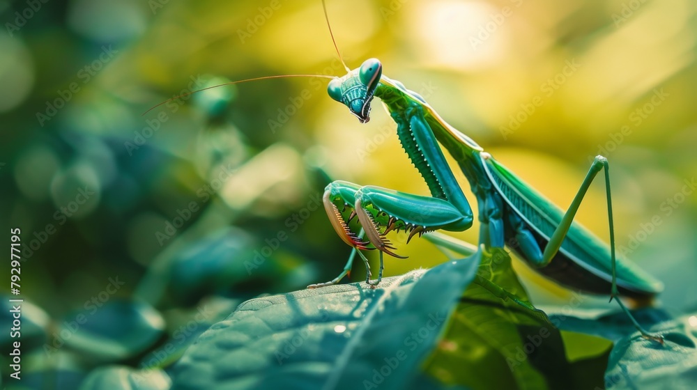 Poster a praying mantis blending perfectly with the greenery as it hunts for prey on a leaf