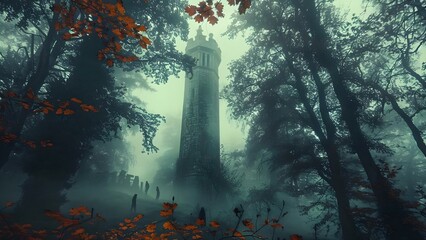Mysterious figures move through trees rustling leaves lone tower in fog. Concept Mystery, Nature, Solitude, Fog, Intrigue - obrazy, fototapety, plakaty
