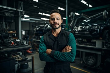 Young Mechanic Standing Confidently in a Bustling Car Factory Workshop. Auto mechanic working