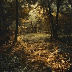 Golden light casting enchanting shadows in a tranquil forest glen - obrazy, fototapety, plakaty