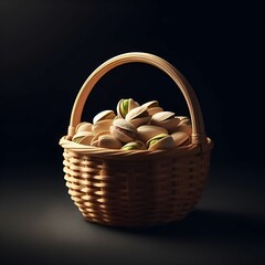 A basket of peanuts on a black surface with a dark background