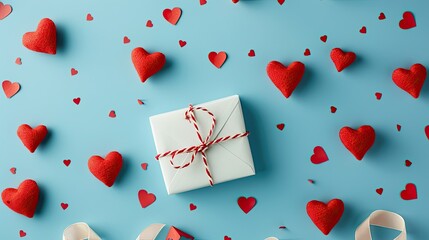 Capture the essence of Valentine s Day with a charming scene featuring a gift resting on an envelope surrounded by adorable hearts set against a dreamy blue backdrop This delightful flat la