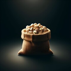 A sack of peanuts on a black surface with a dark background