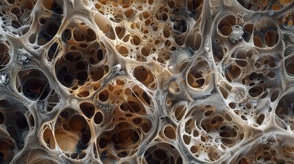 A microscopic view of a dense fungal mycelial network with varying thickness and textures of its fibrils creating a rich and intricate - obrazy, fototapety, plakaty