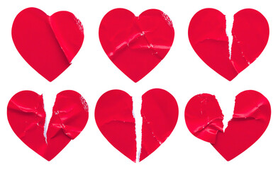 Red color broken heart shape sticker set isolated on white background